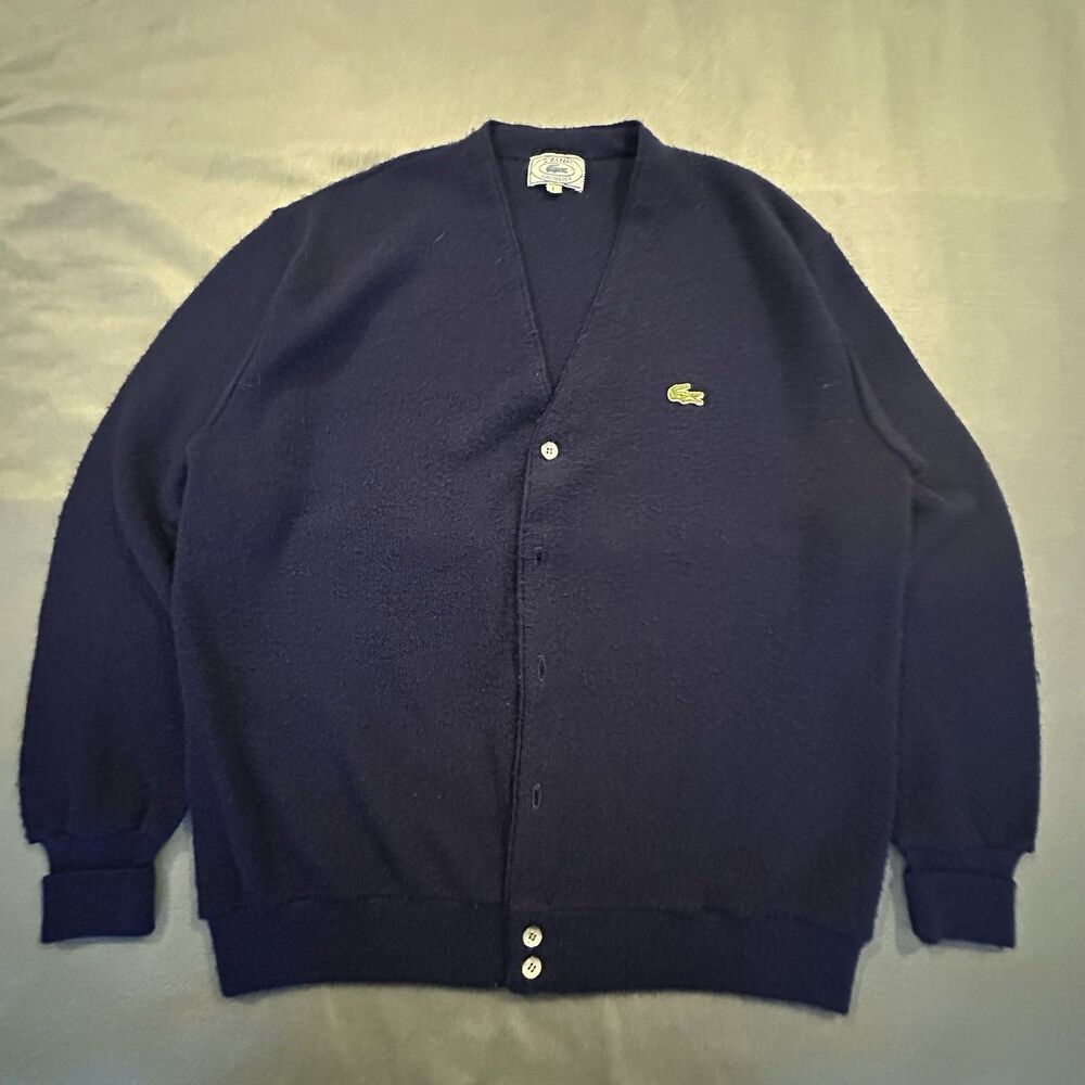 Vintage Izod Lacoste Cardigan Sweater Mens L Acrylic Knit Made in USA Navy 80s